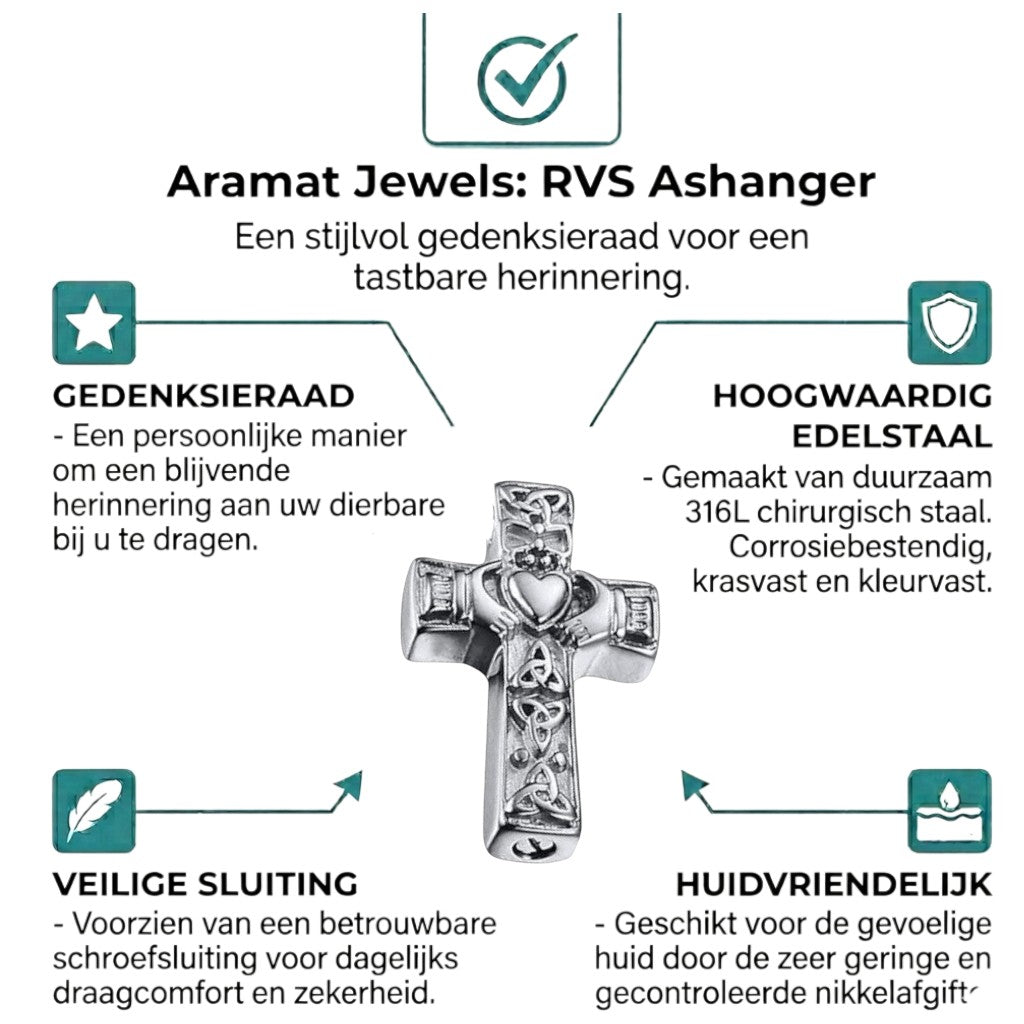 Aramat Jewels silver-tone Celtic cross cremation pendant with intricate knotwork and Claddagh design, 40x25mm.