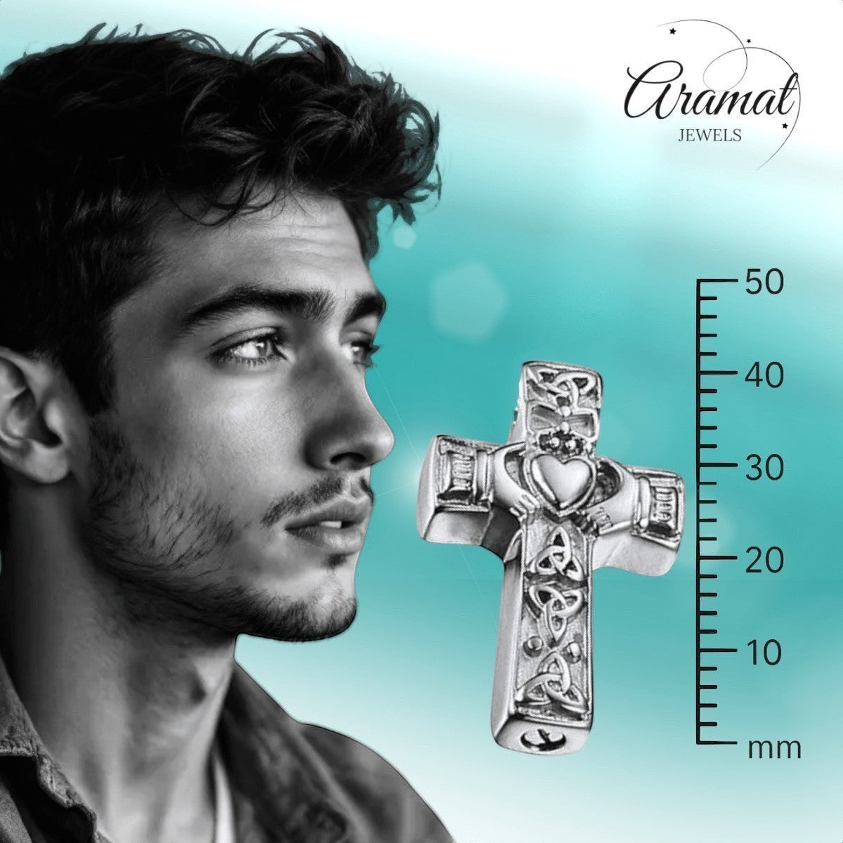 Aramat Jewels silver-colored steel Celtic cross ash pendant with black enamel, 40x25mm, featuring intricate knotwork and a Claddagh design.