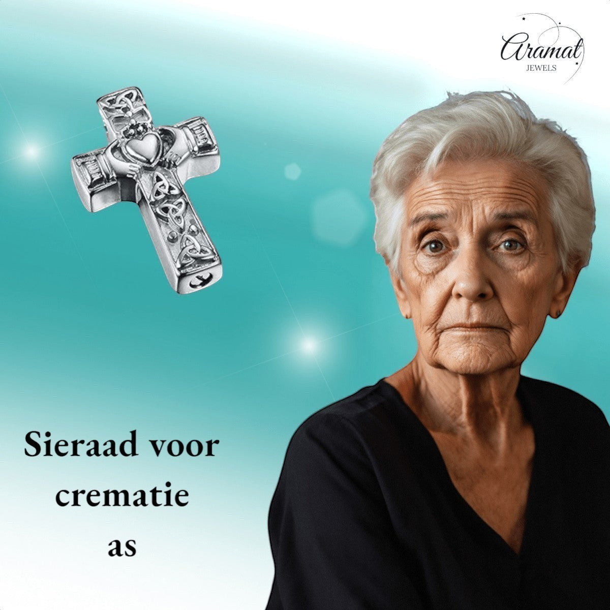 Aramat Jewels silver-colored steel Celtic cross cremation ash pendant with black enamel and intricate knotwork details.