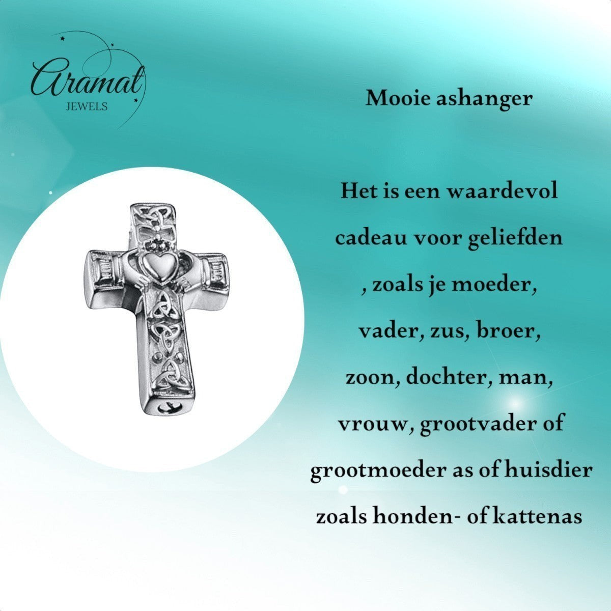 Aramat Jewels silver-colored steel Celtic cross ash pendant with black enamel details, 40x25mm, featuring intricate knotwork and a heart.