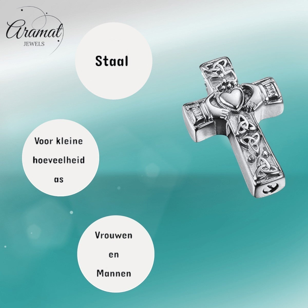 Aramat Jewels silver-tone steel Celtic cross pendant with intricate knotwork and a heart detail, suitable for men and women.