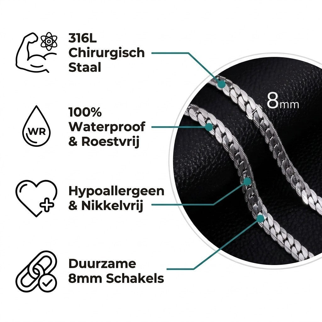 Aramat Jewels chunky 8mm gourmet ketting van zilverkleurig RVS met waterproof en hypoallergene eigenschappen