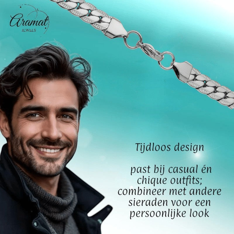 Aramat Jewels chunky 8mm gourmet ketting van zilverkleurig RVS met stoere embossed rand voor een robuuste look.