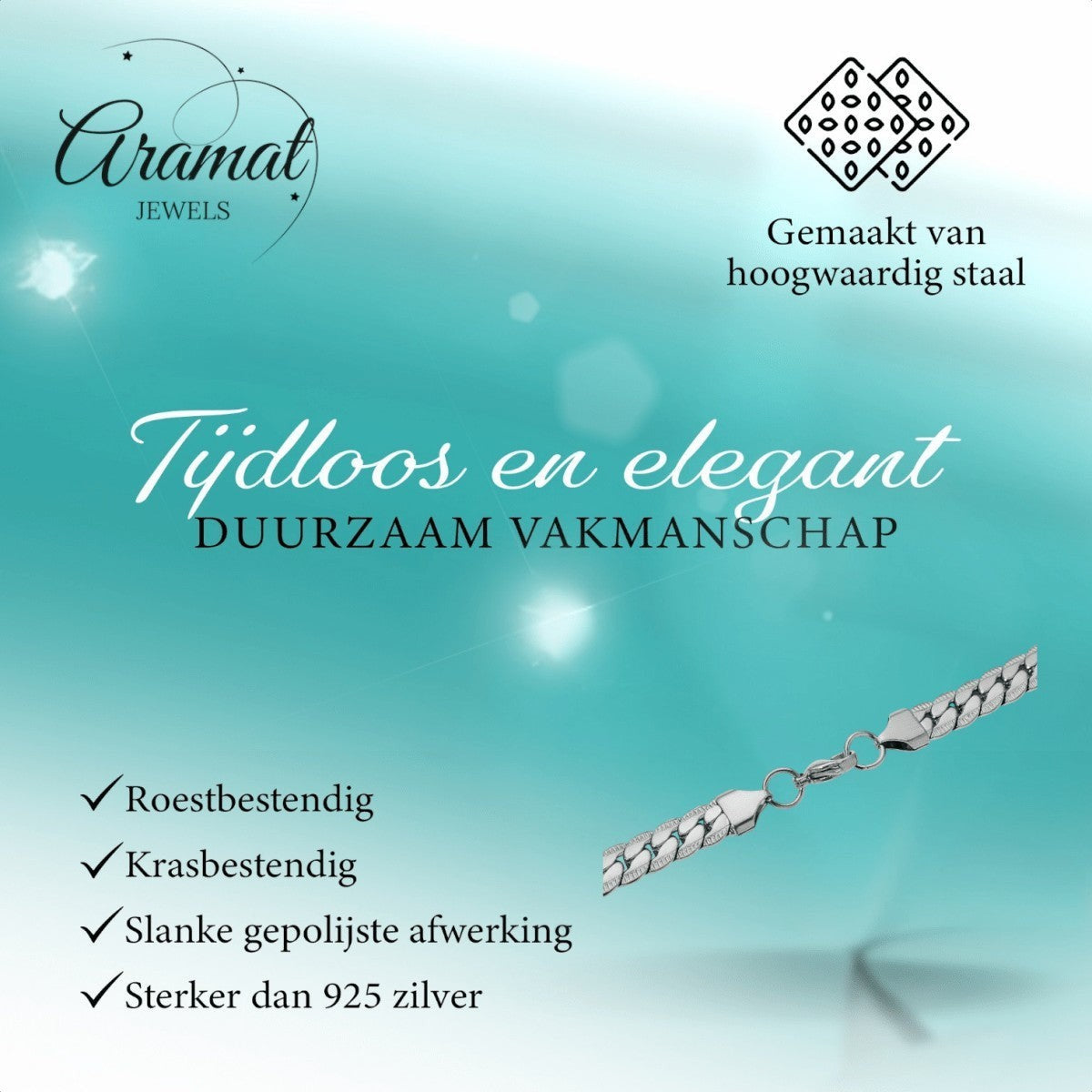 Aramat Jewels chunky 8mm gourmet ketting van zilverkleurig roestvrij staal met een robuuste, industriële uitstraling.