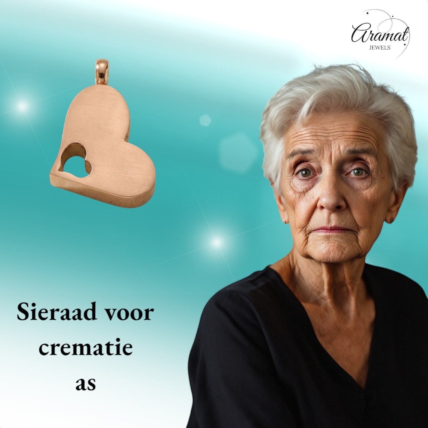 Aramat Jewels® stalen rosékleurige crematiehanger in hartvorm met een kleiner hartje erin. Waterbestendig.