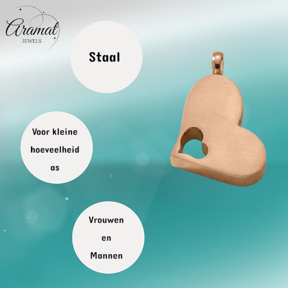 Aramat Jewels® stalen rosékleurige crematiehanger in hartvorm met een kleiner hartje erin. Waterbestendig.