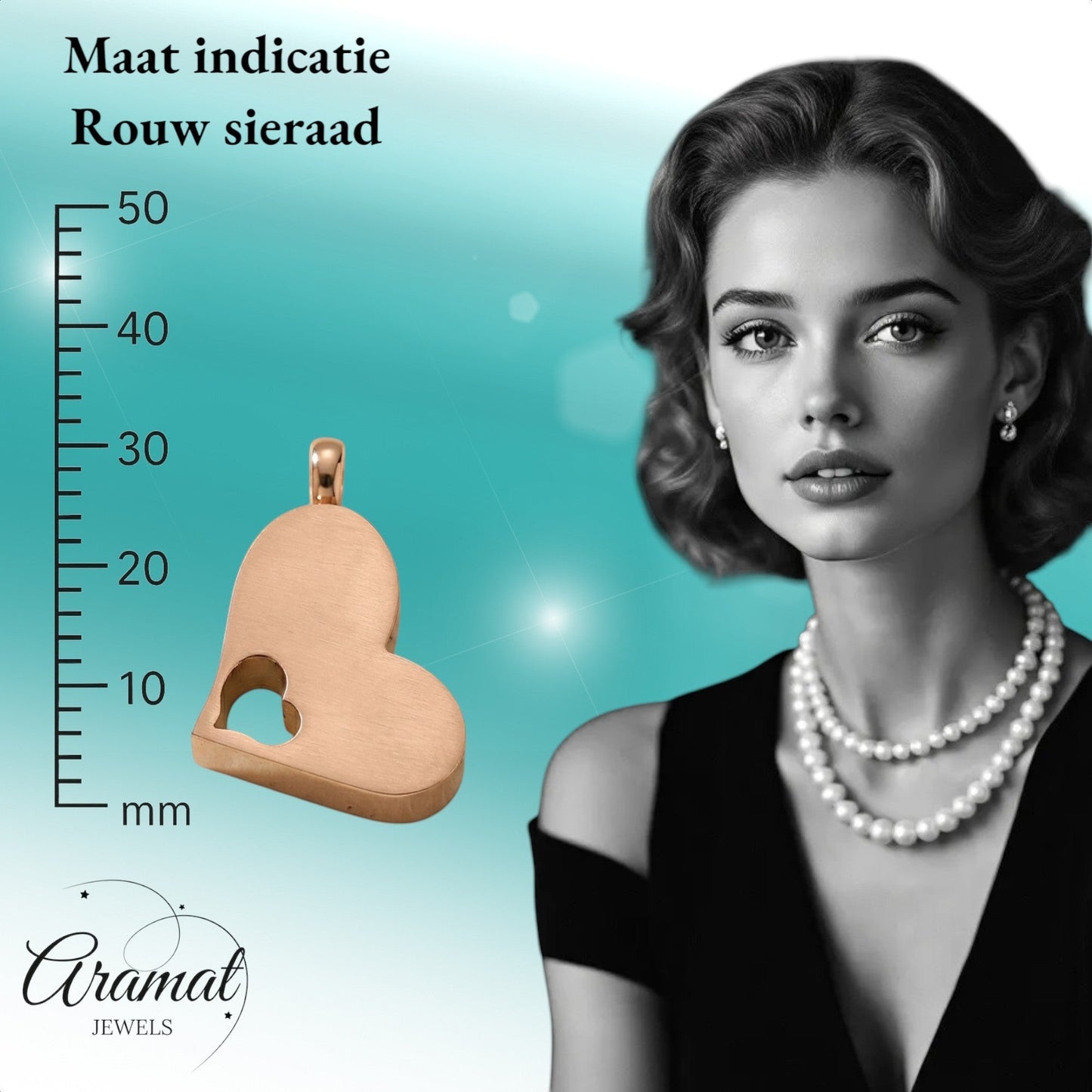 Aramat Jewels® stalen rosékleurige crematiehanger in hartvorm met een kleiner hartje erin. Waterbestendig.
