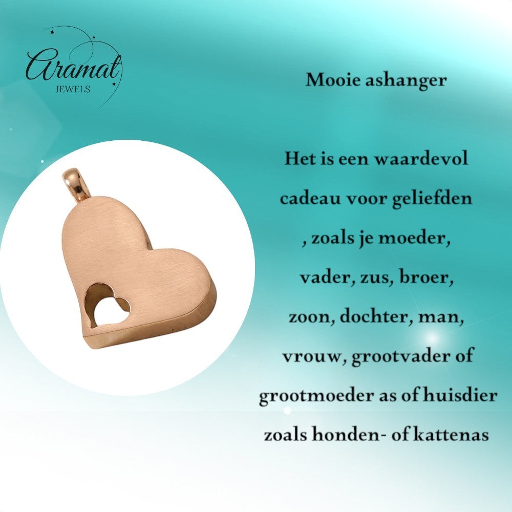 Aramat Jewels stalen rosékleurige crematiehanger in hartvorm met een kleiner hartje erin uitgesneden. Waterbestendig.
