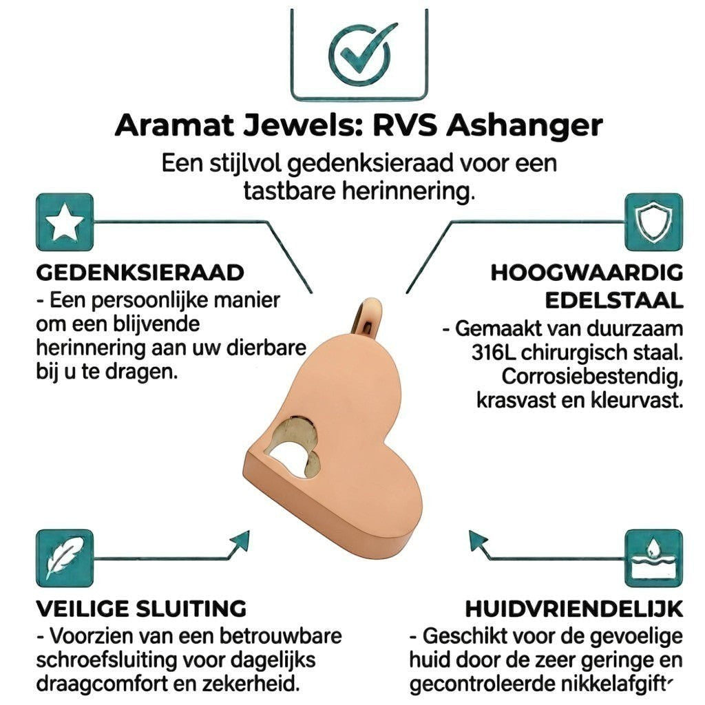 Aramat Jewels rosékleurige stalen crematiehanger in hartvorm met een kleinere hartvormige uitsparing. Waterbestendig.