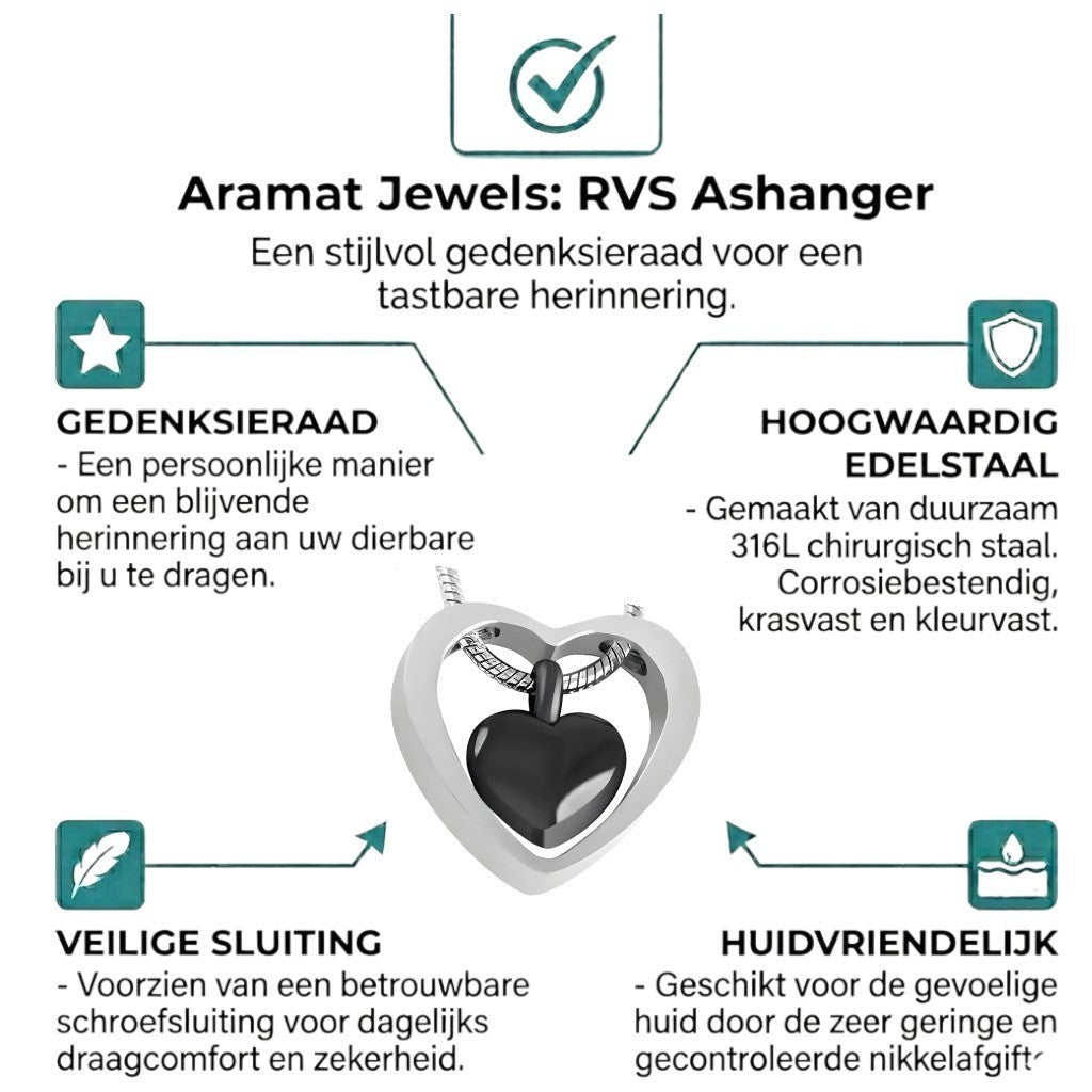 Aramat Jewels Zwart Hartje Stalen Crematiehanger – Gedenksieraad zonder ketting