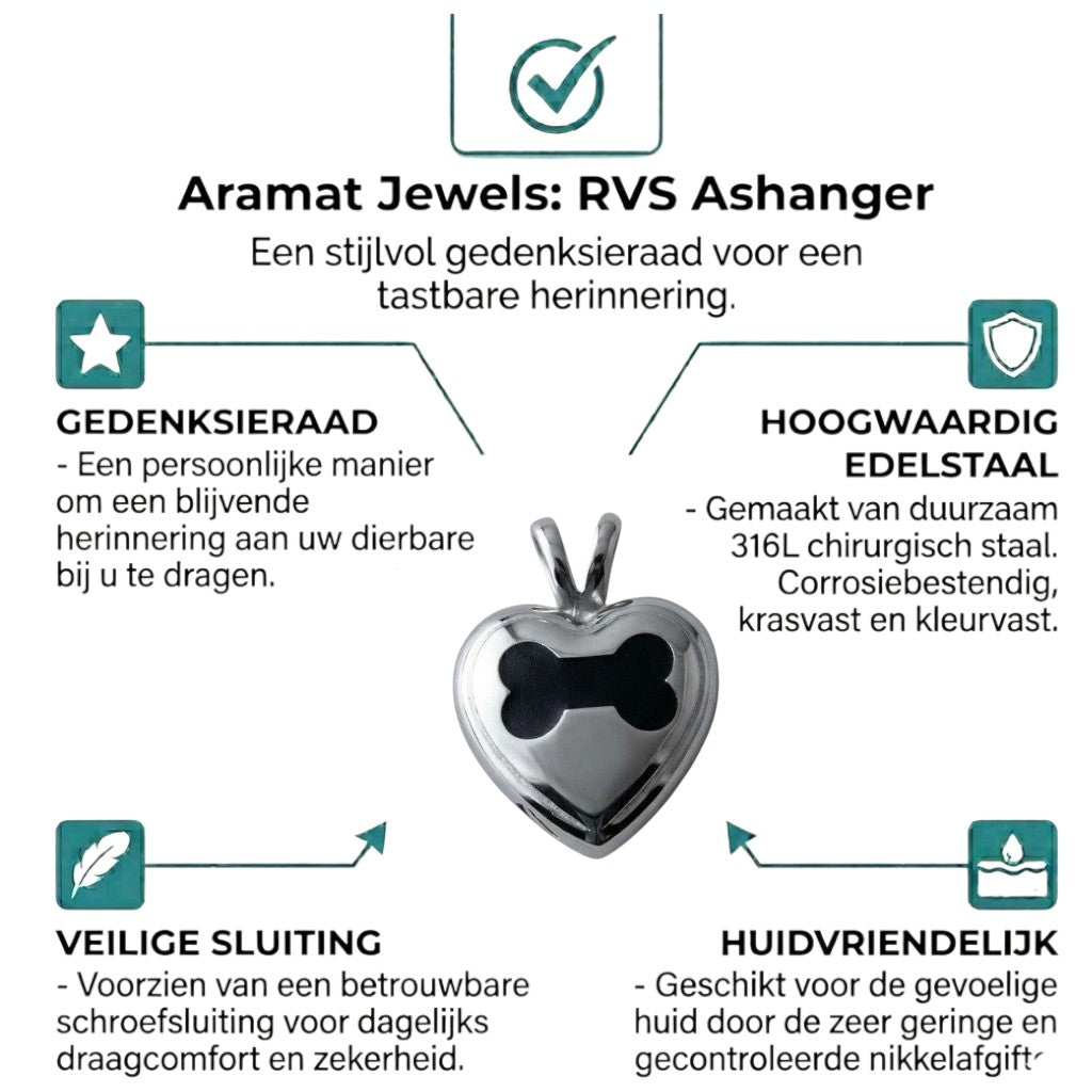 Aramat Jewels zilverkleurige stalen crematiehanger in hartvorm met bot-detail. Schroefsluiting, zonder ketting.
