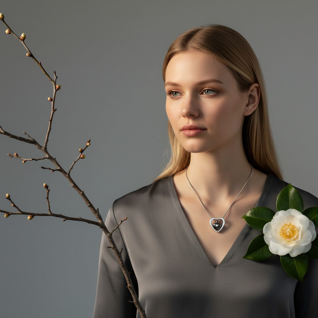 Aramat Jewels crematiehanger in hartvorm, zilverkleurig en zwart, van 316L staal. Gedragen door een model.