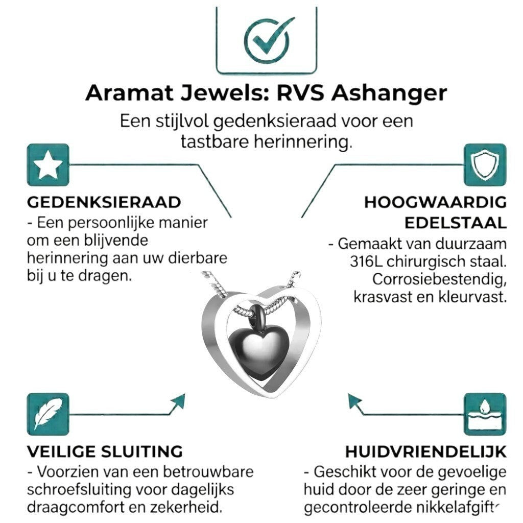 Aramat Jewels crematiehanger in hartvorm, zilverkleurig en zwart, van 316L staal. Binnenste hart is zwart, buitenste hart is zilverkleurig.