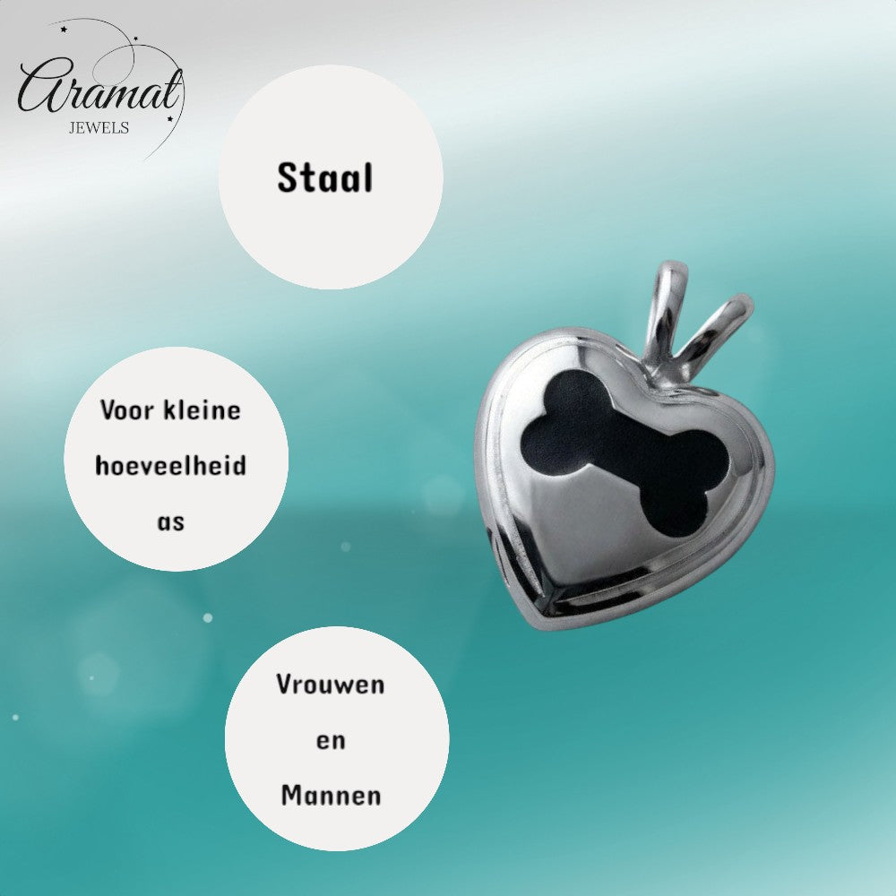 Aramat Jewels zilverkleurige stalen crematiehanger in hartvorm met bot-detail. Schroefsluiting, zonder ketting.