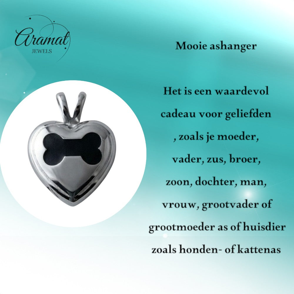 Aramat Jewels zilverkleurige stalen crematiehanger in hartvorm met bot-uitsparing. Assieraad zonder ketting.
