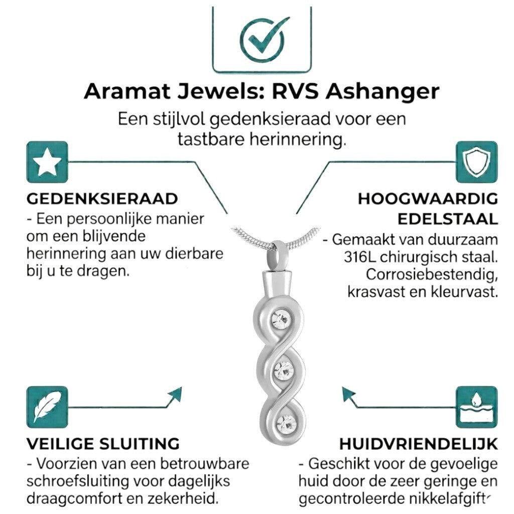 Aramat Jewels zilverkleurige RVS crematiehanger met transparante steentjes en schroefsluiting.
