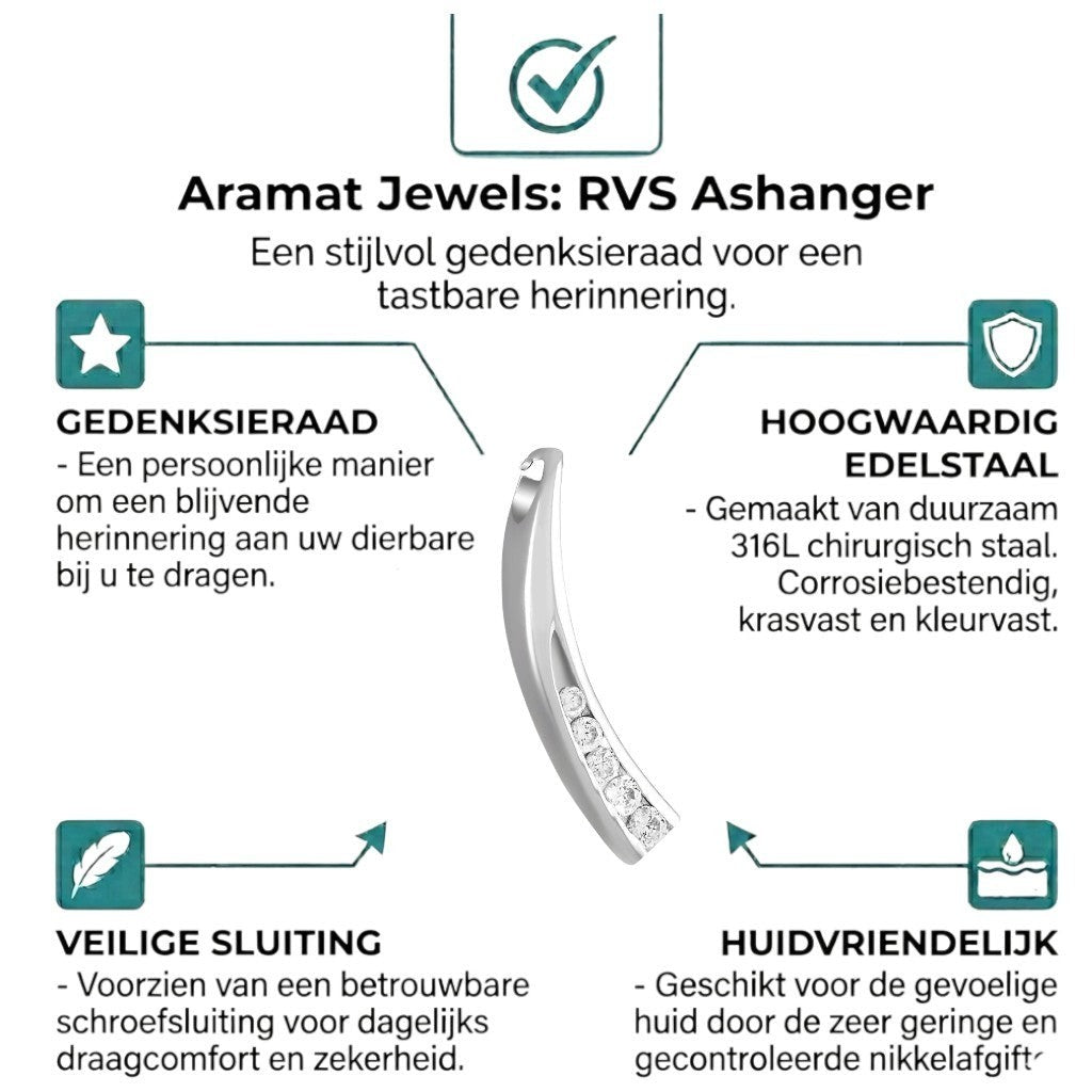 Aramat Jewels® gebogen crematiehanger van zilverkleurig staal met zirkonia steentjes. Waterbestendig.