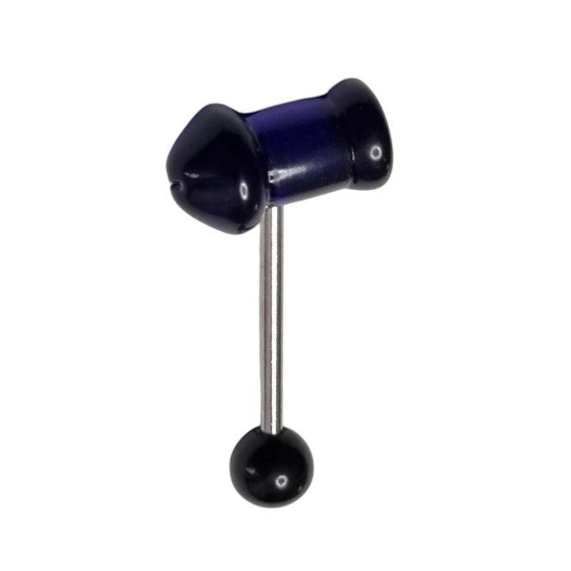 Aramat Jewels dark purple acrylic penis tongue piercing with a silver steel bar and black ball end.