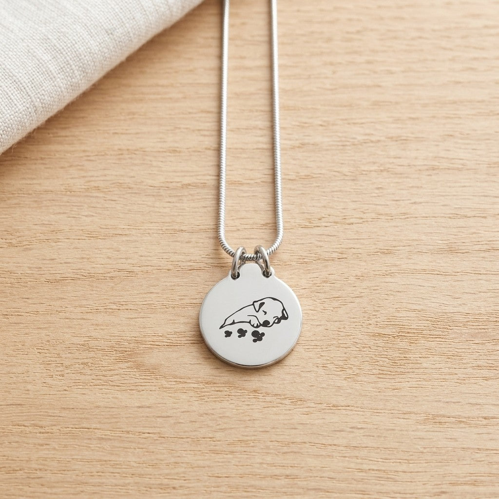 Aramat Jewels silver stainless steel dog ash pendant with paw prints and a sleeping dog engraving, 2.5cm, with a 50cm snake chain.