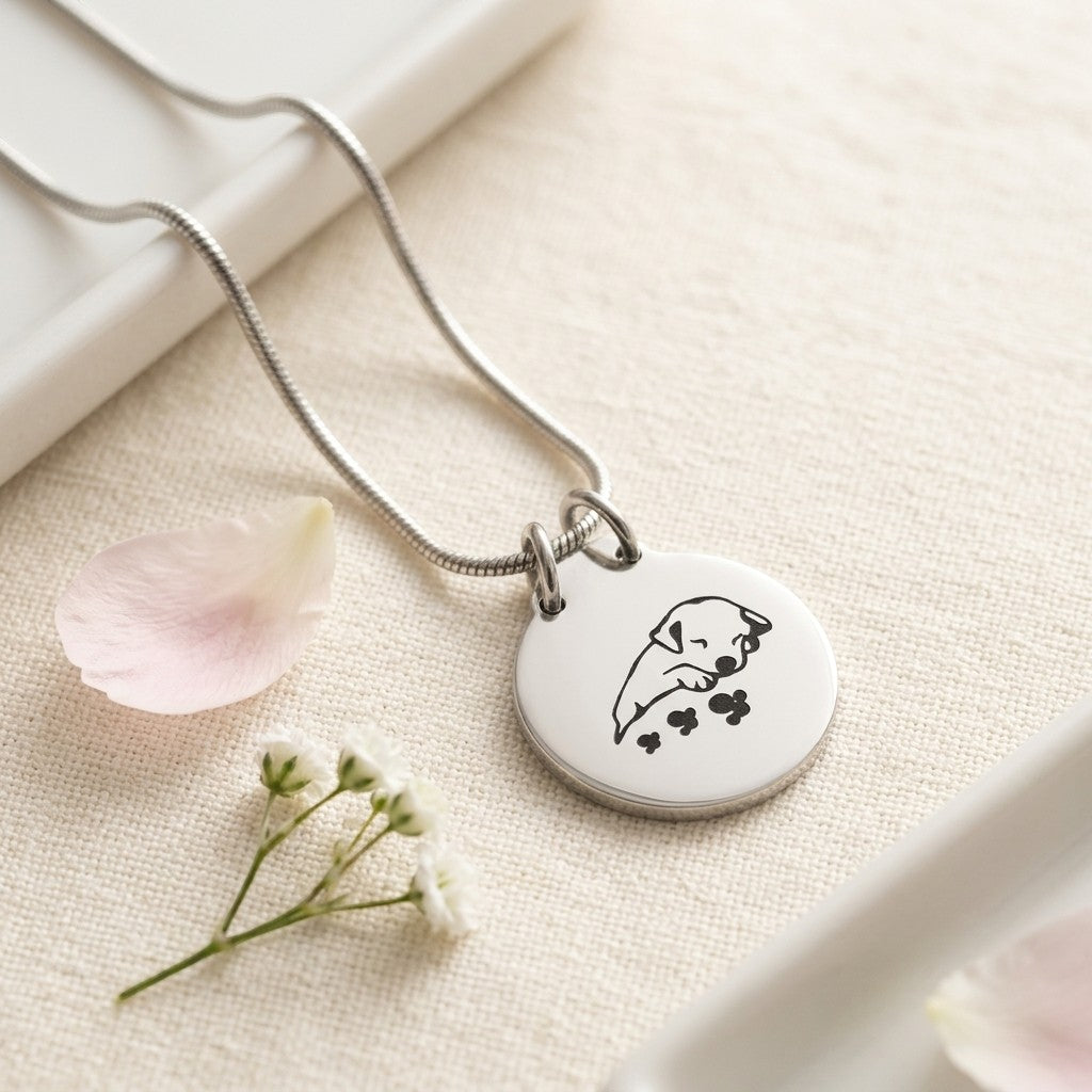 Aramat Jewels silver stainless steel dog cremation necklace with a sleeping dog and paw prints engraving, 2.5cm pendant with 50cm chain.