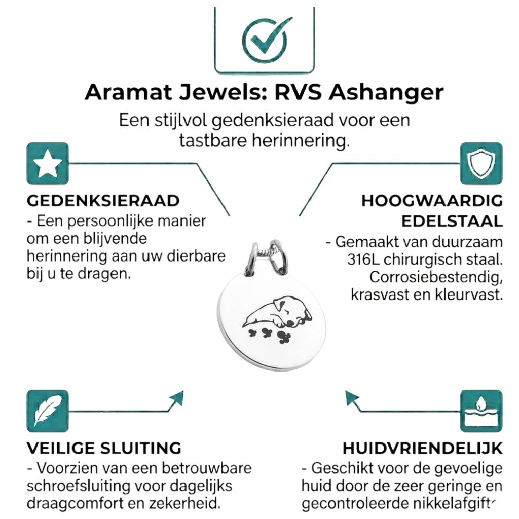Aramat Jewels silver stainless steel dog cremation pendant with a cute puppy design and paw prints, 2.5cm, on a 50cm snake chain.