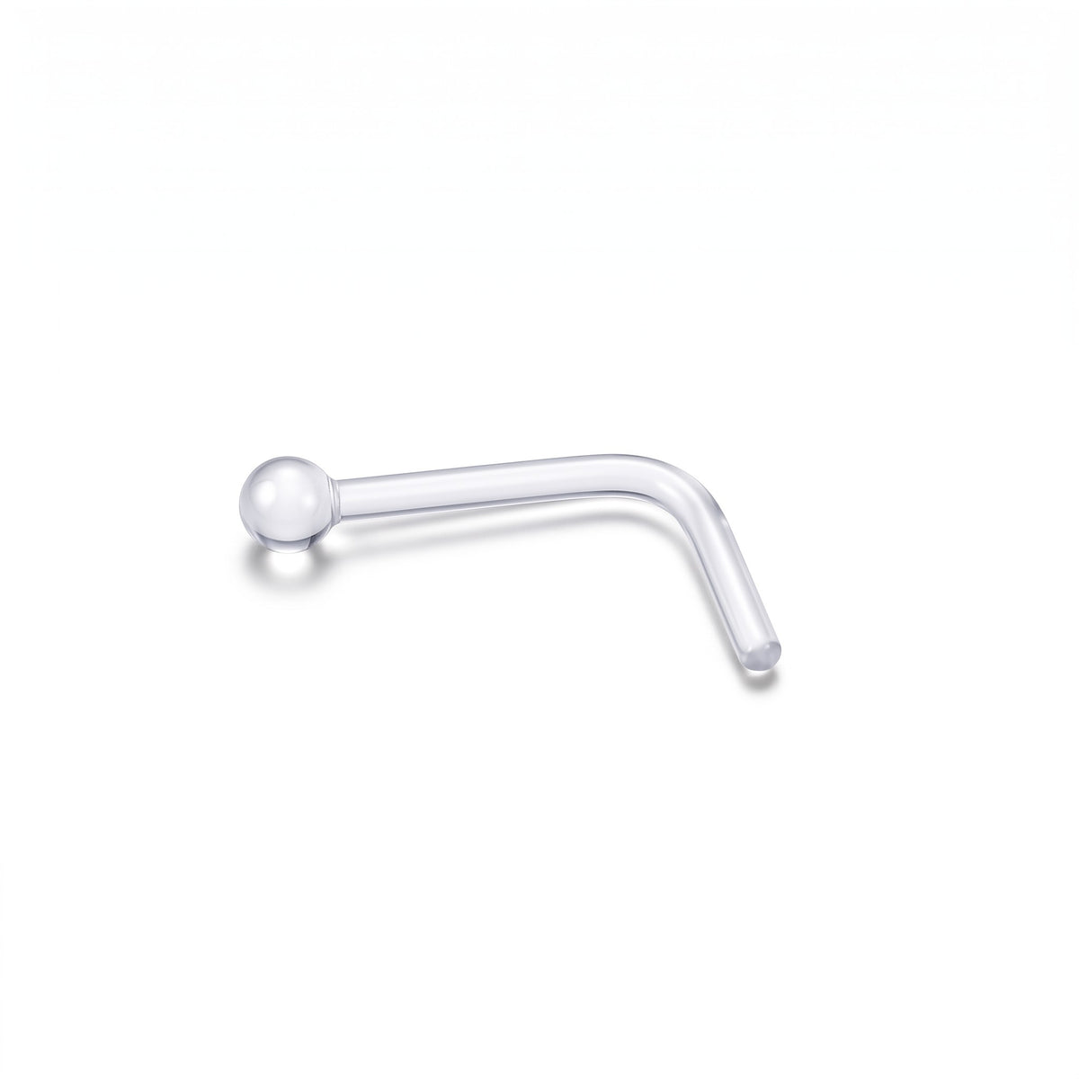 Aramat Jewels doorzichtige acryl neuspiercing retainer met L-vormig staafje en 2mm bolletje voor een subtiele look.