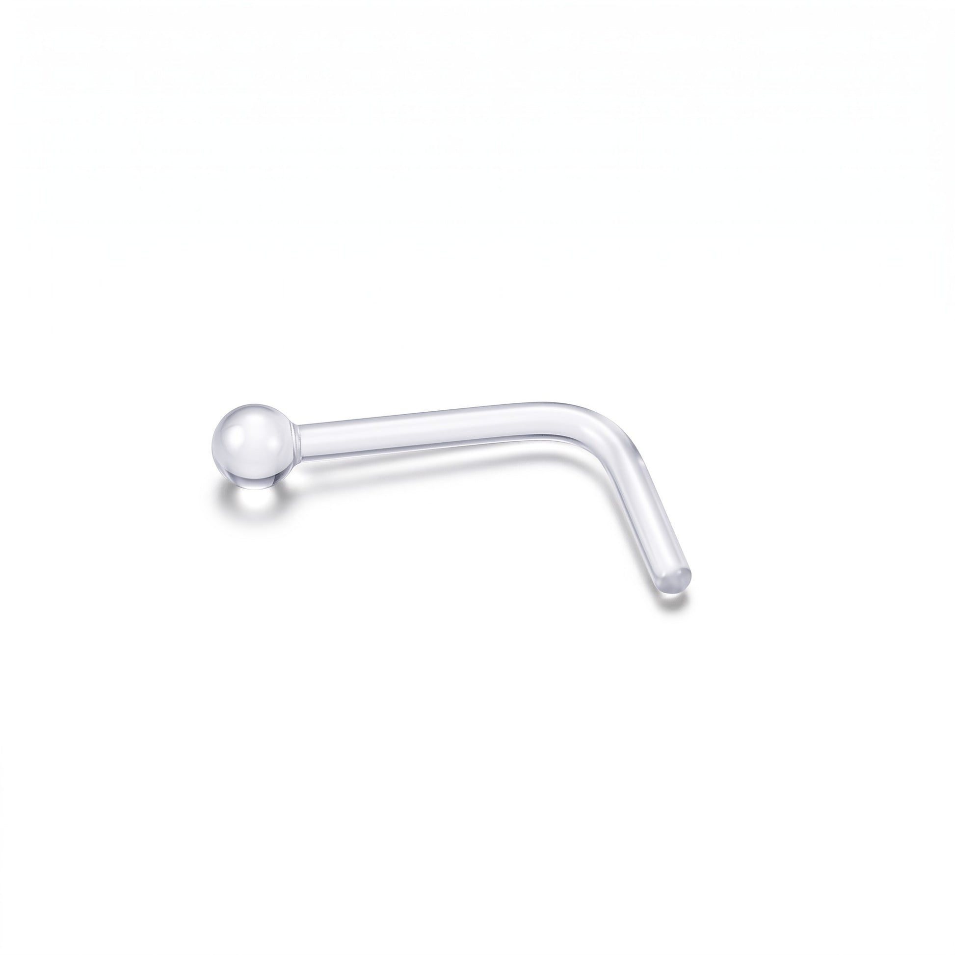 Aramat Jewels doorzichtige acryl neuspiercing retainer met L-vormig staafje en 2mm bolletje voor een subtiele look.