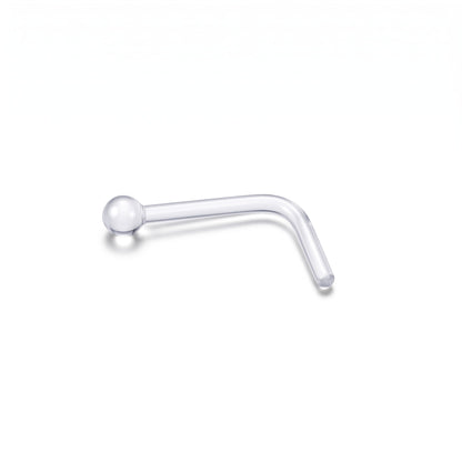 Aramat Jewels doorzichtige acryl neuspiercing retainer met L-vormig staafje en 2mm bolletje voor een subtiele look.