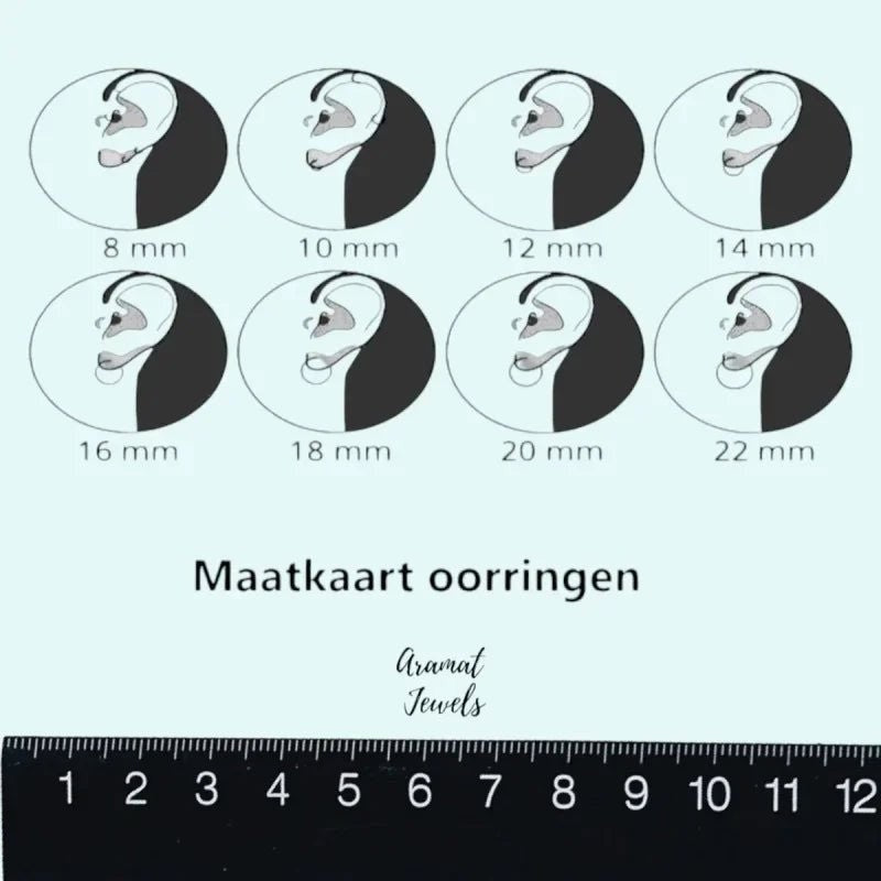 Aramat Jewels size chart showing earring diameters from 8mm to 22mm with illustrations of how they fit on an ear.