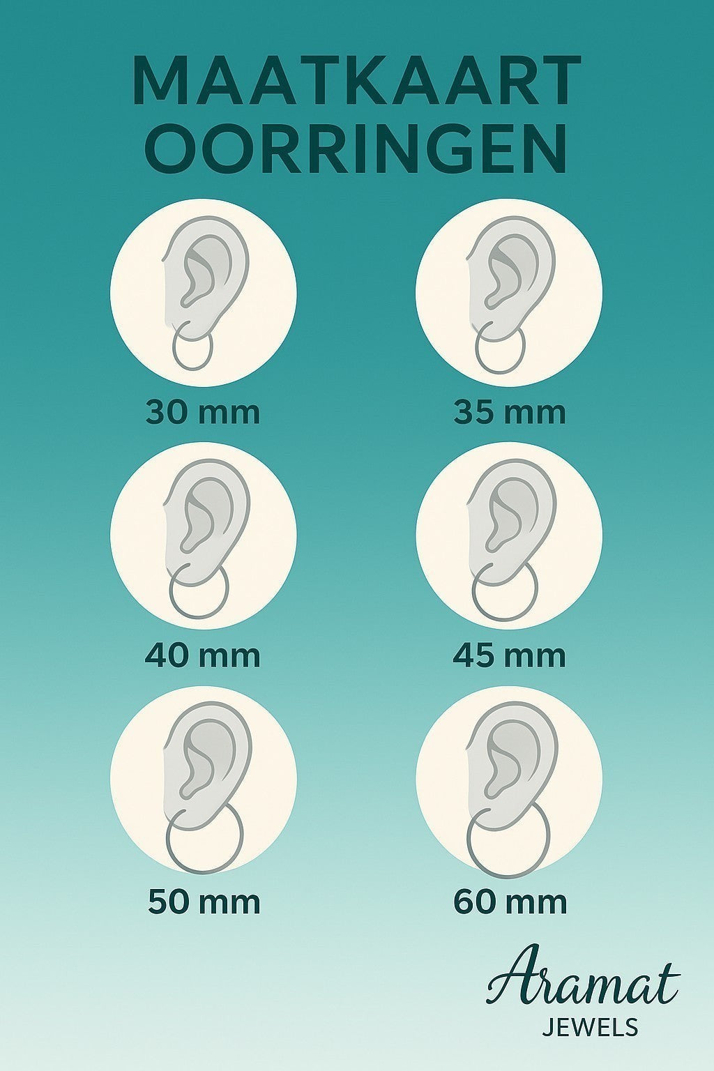 Aramat Jewels size chart for earrings, showing different hoop sizes from 30mm to 60mm illustrated on ears.