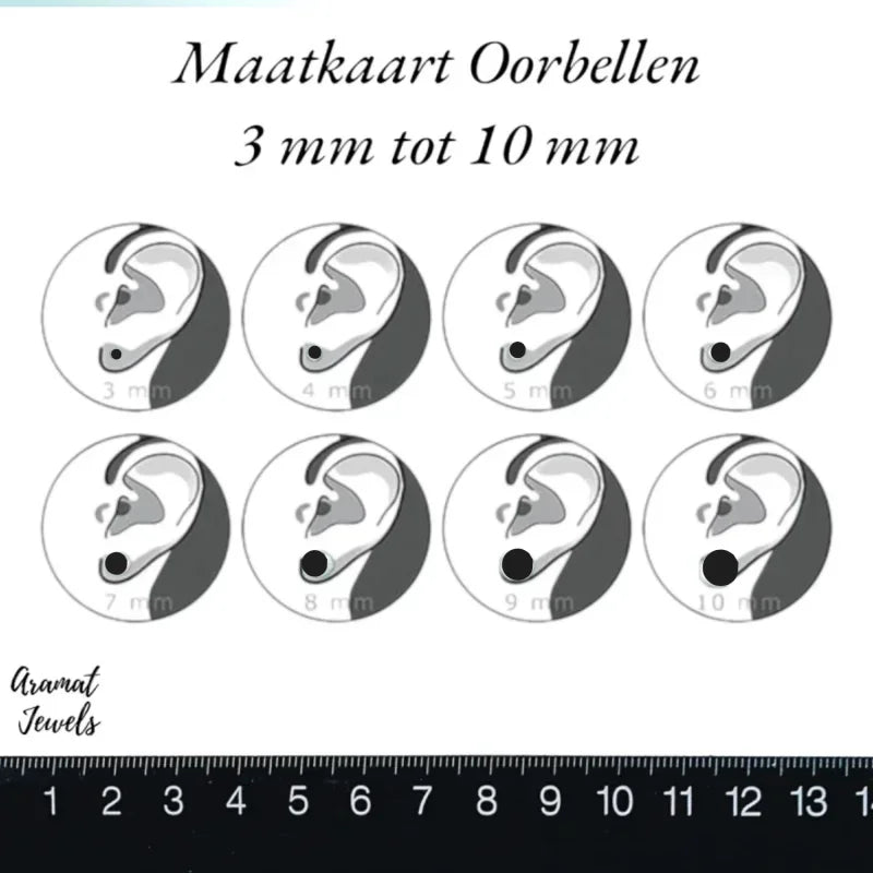 Aramat Jewels earring size guide showing earlobe illustrations from 3mm to 10mm for scale reference