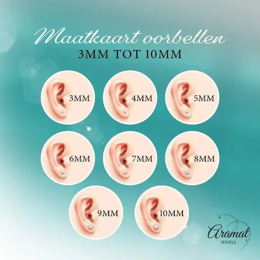 Aramat Jewels earring size guide showing 3mm to 10mm stud sizes on earlobes for scale