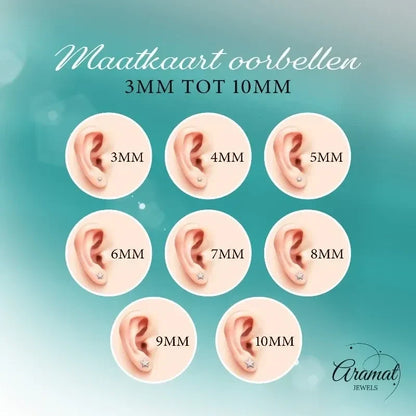 Aramat Jewels earring size guide showing star-shaped studs on ears ranging from 3mm to 10mm for comparison.