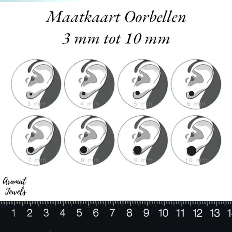 Aramat Jewels earring size guide showing visual scale references from 3mm to 10mm on an ear silhouette