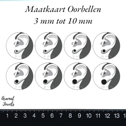 Aramat Jewels earring size guide showing visual scale references from 3mm to 10mm on an ear silhouette