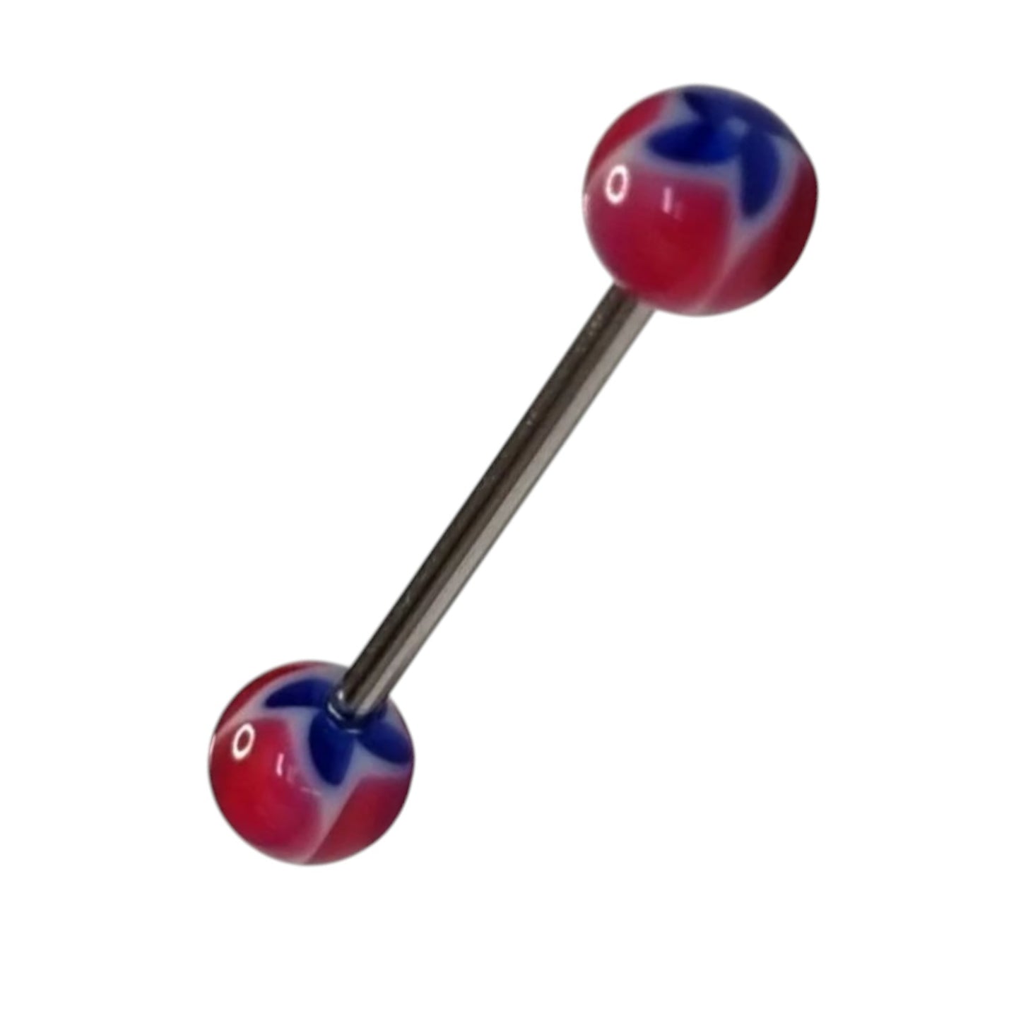 Aramat Jewels acrylic tongue piercing with red, blue, and white marbled balls featuring a floral design.