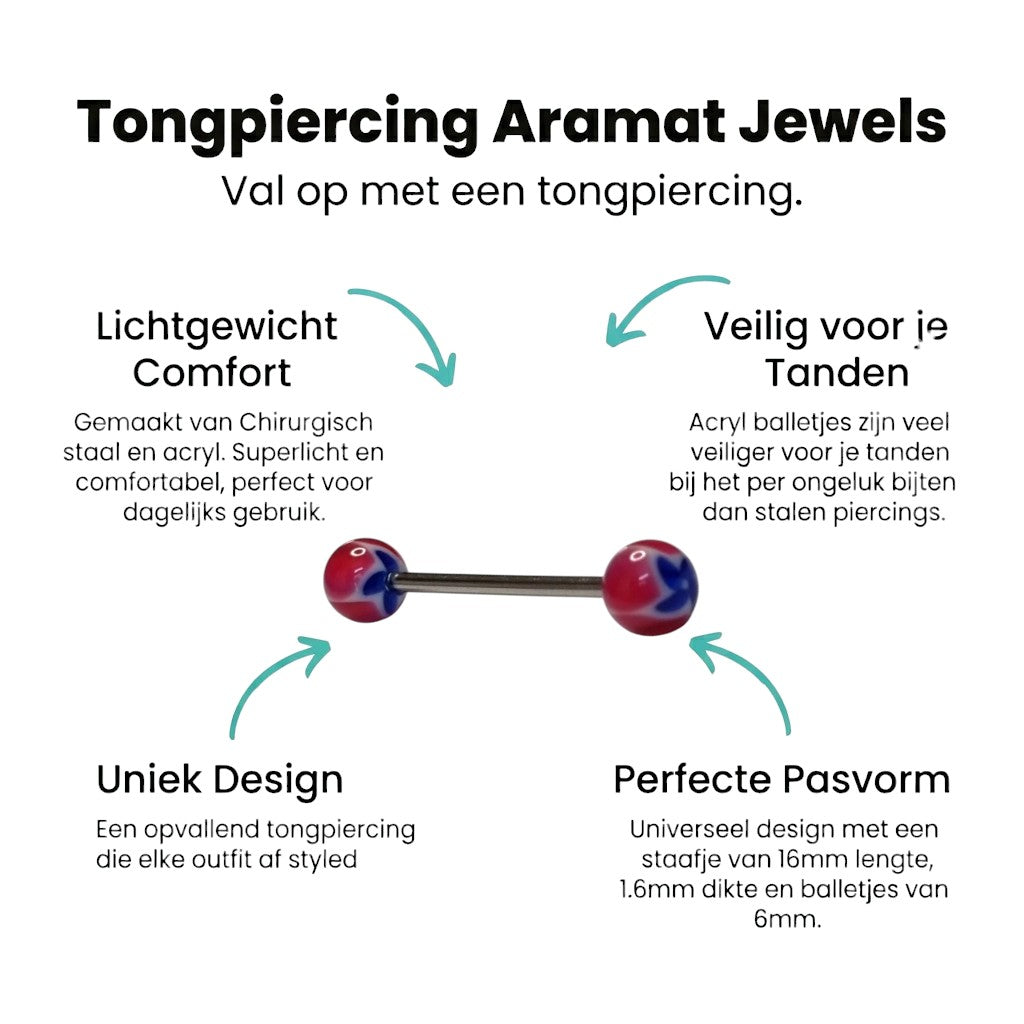Aramat Jewels acrylic tongue piercing with red, white, and blue flower design on balls.