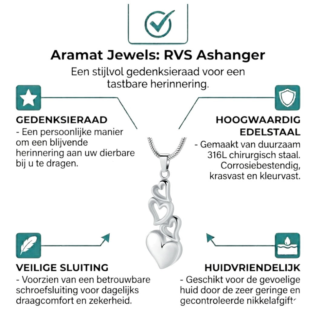 Aramat Jewels silver-colored stainless steel pendant with four linked hearts, a symbolic memorial jewelry piece.