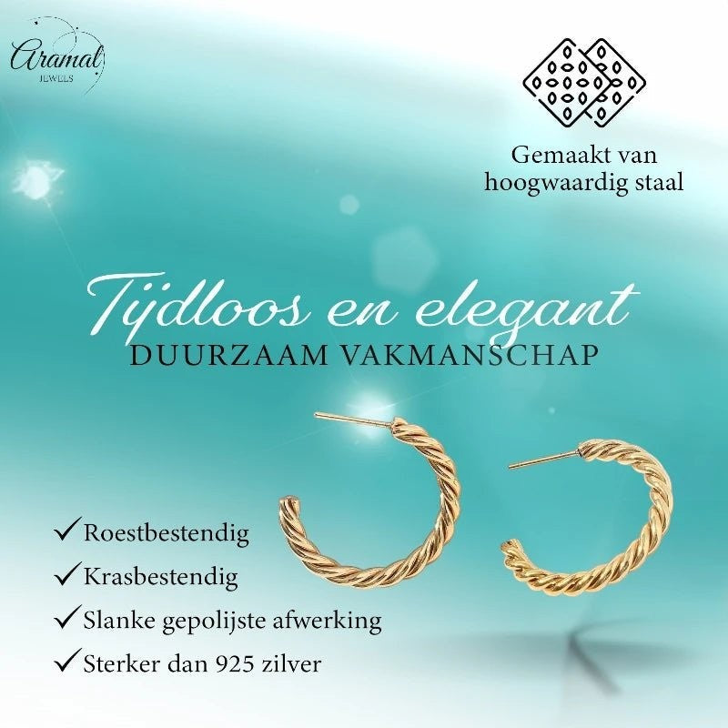 Aramat Jewels goudkleurige halve hoepel oorstekers van roestvrij staal met een elegant gedraaid design.
