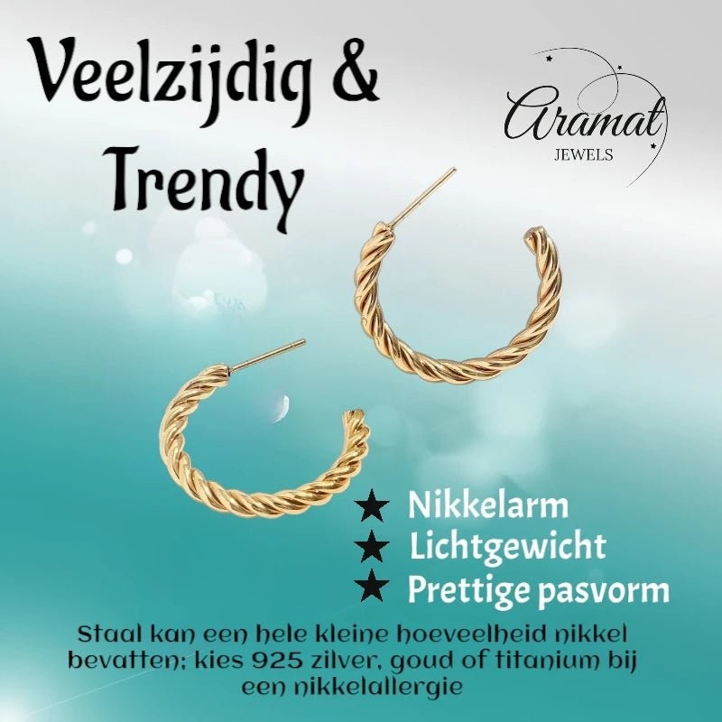 Aramat Jewels goudkleurige gedraaide halve hoepel oorstekers van roestvrij staal met een stijlvol twisted design.