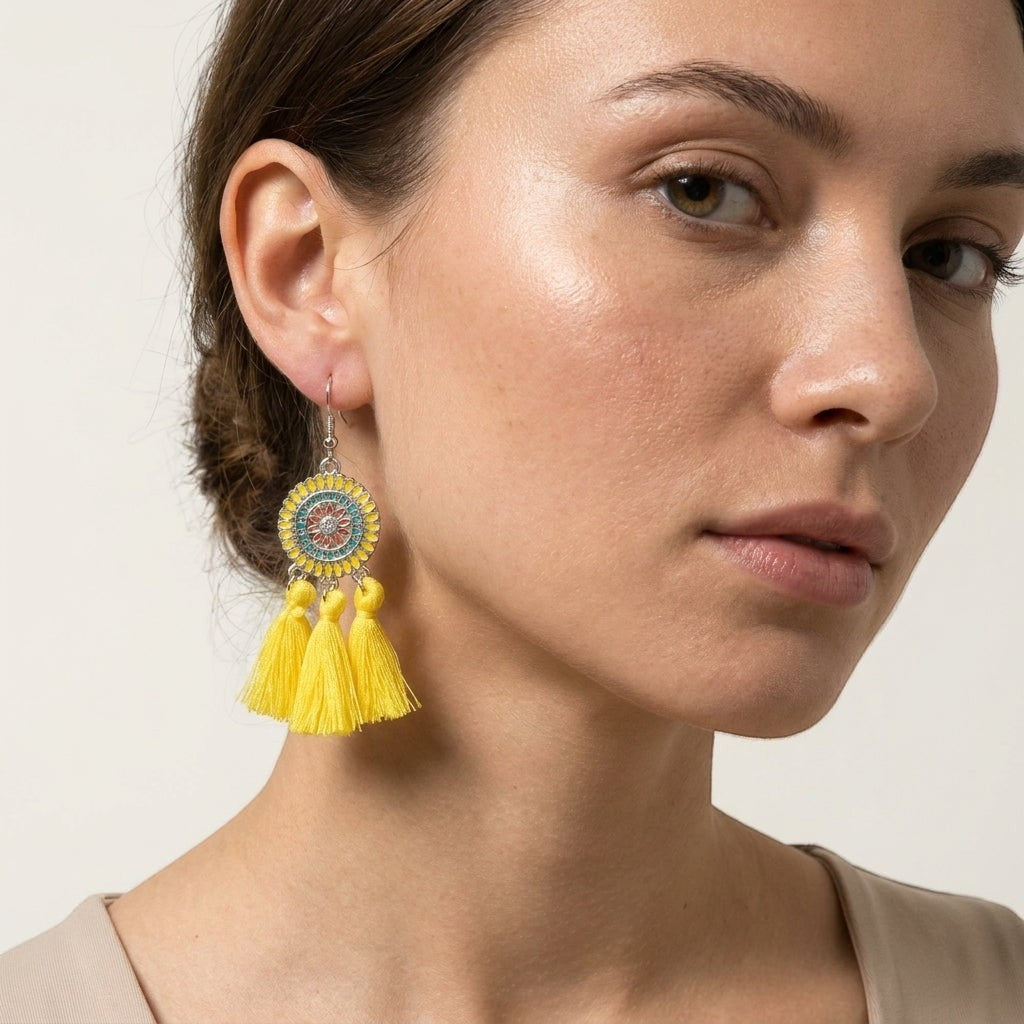 Model draagt Aramat Jewels boho oorhangers met gele kwastjes, emaille details en roestvrij staal voor een zomerse look.