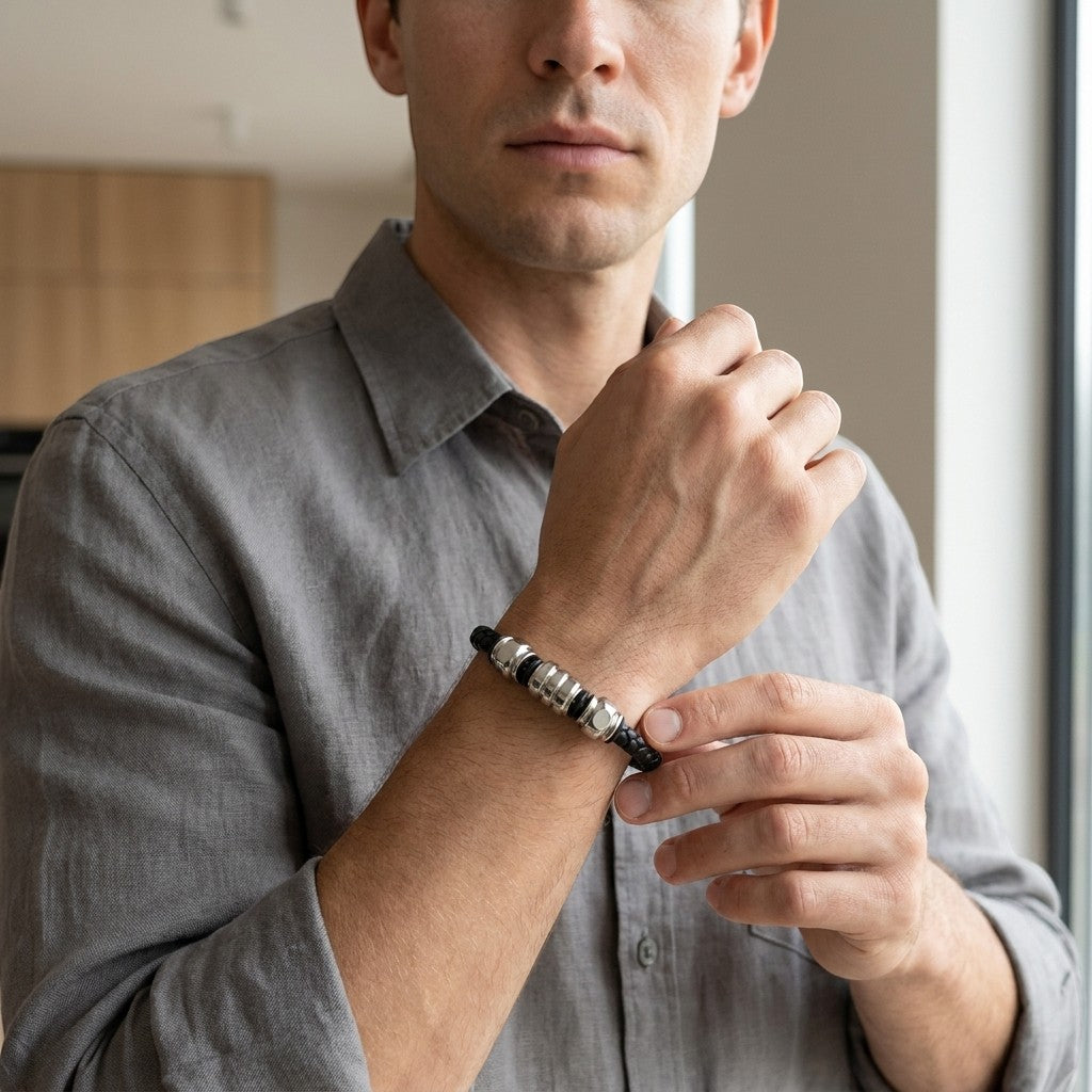 Man draagt een stoere Aramat Jewels gevlochten zwarte leren armband met drie zilverkleurige stalen kralen.