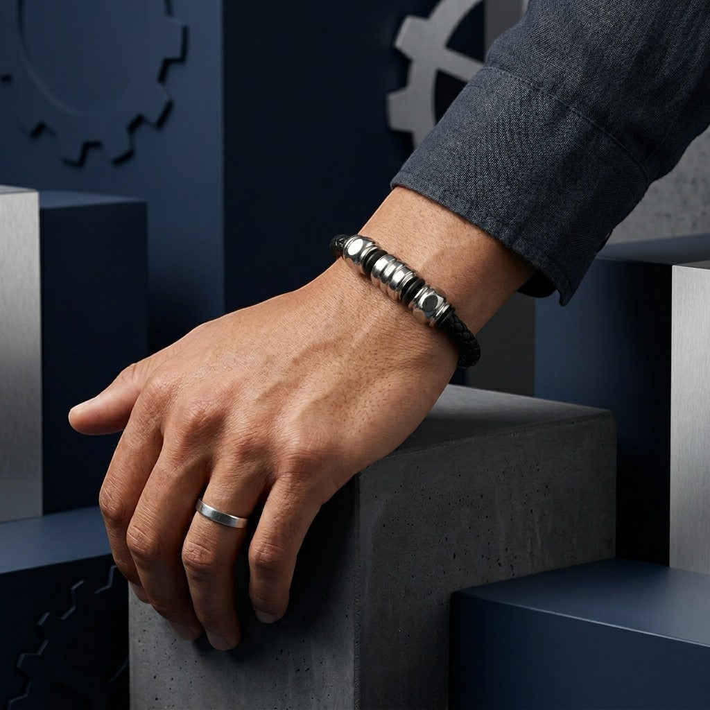 Aramat Jewels gevlochten zwarte leren herenarmband met zilverkleurige stalen kralen om een pols.