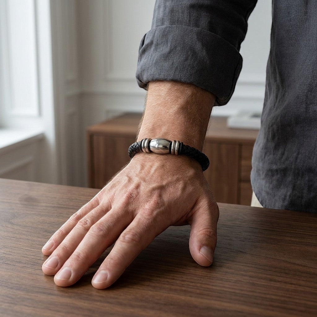 Aramat Jewels gevlochten zwarte leren herenarmband met zilverkleurige stalen kralen en magnetisch RVS slot.