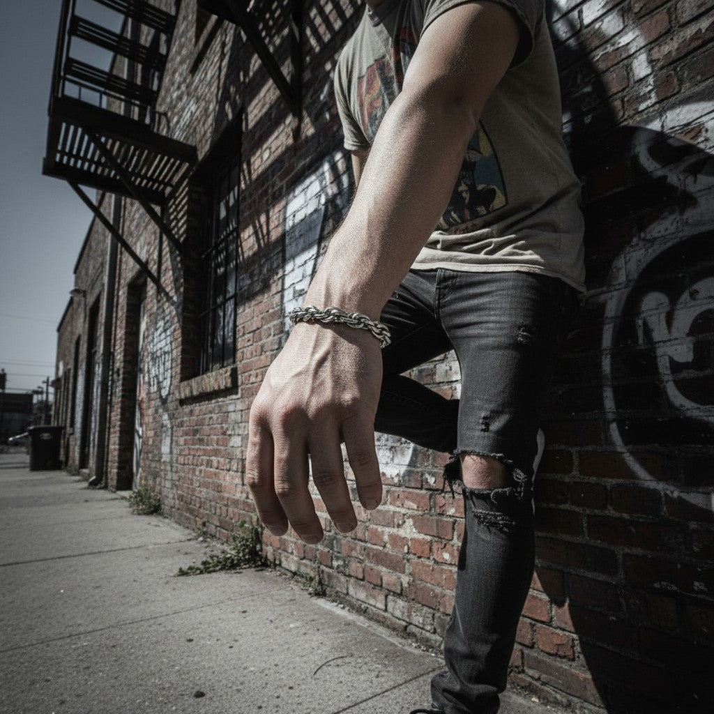 Aramat Jewels zilverkleurige gevlochten stalen armband van 7 mm breed gedragen door een man in een stedelijke setting.