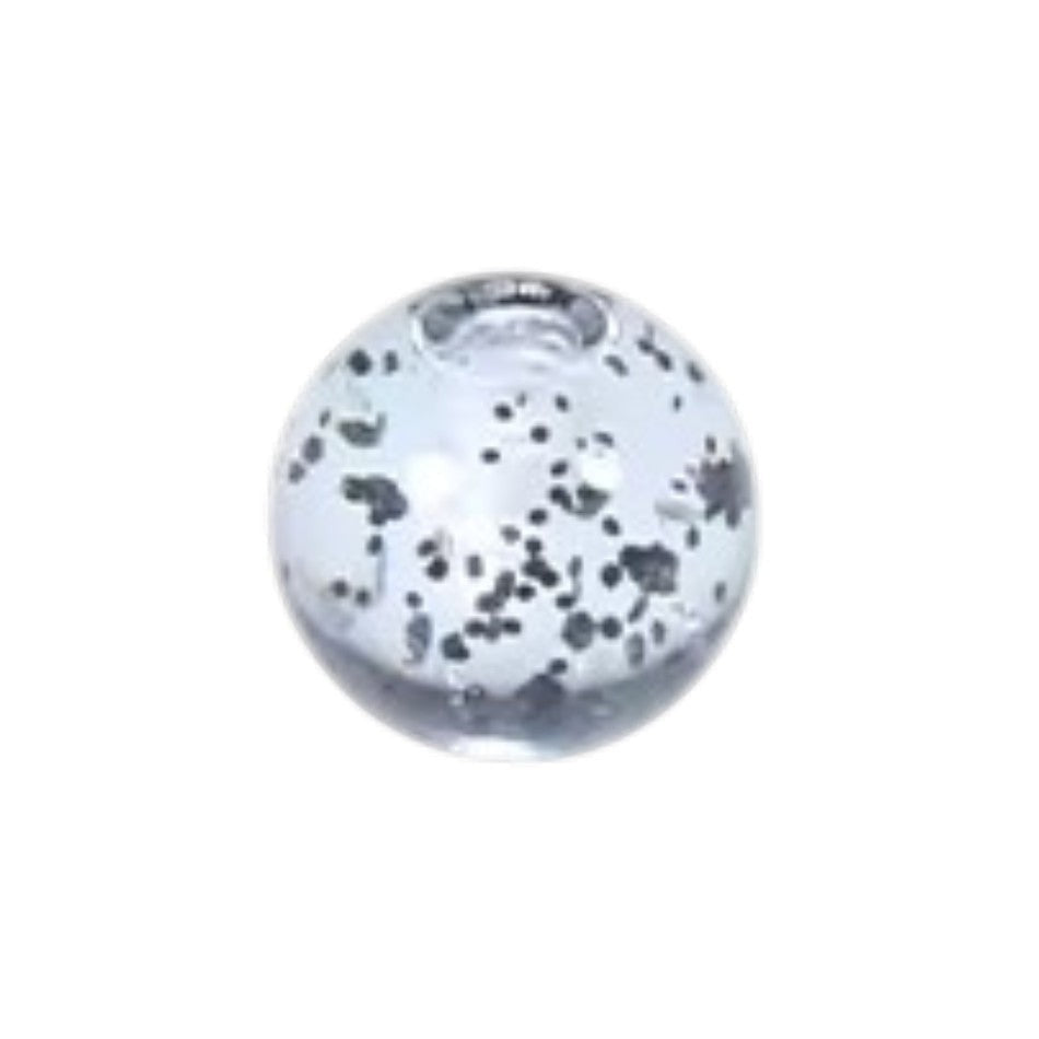 Transparant Aramat Jewels piercing balletje van 6mm met zwarte glitters, gemaakt van lichtgewicht acryl.