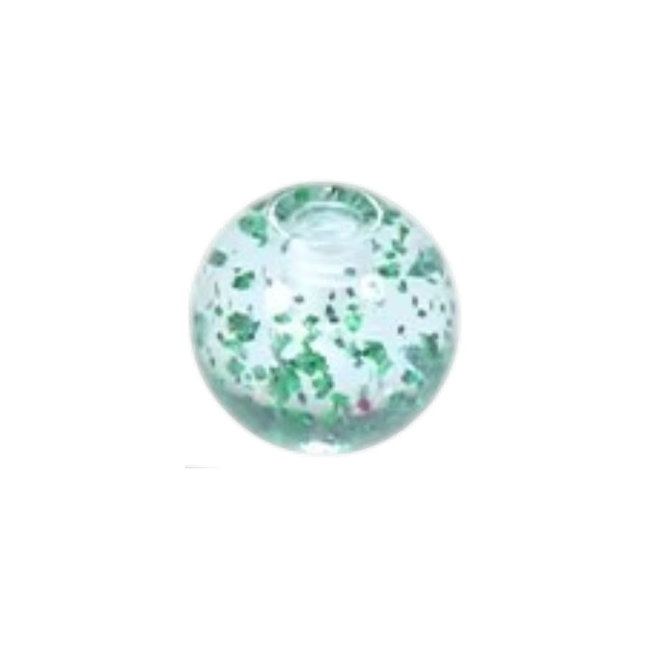 Aramat Jewels transparant acryl piercing balletje van 6mm met groene glitters voor tong- of navelpiercings.