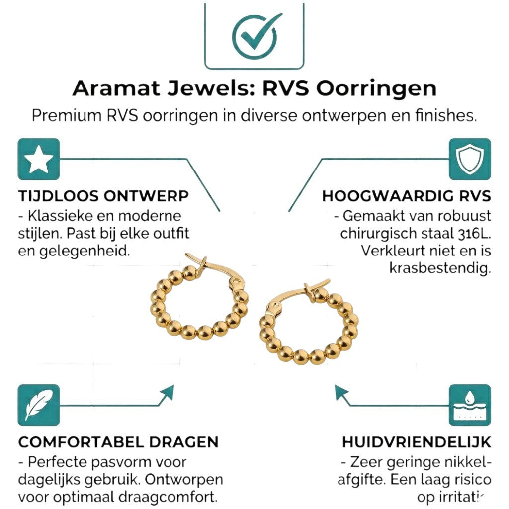 Aramat Jewels gold-tone stainless steel hoop earrings with a beaded chain design, 18mm diameter.