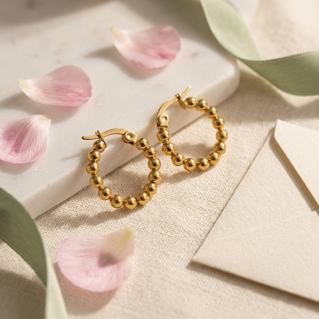 Aramat Jewels gold-tone stainless steel hoop earrings with a beaded chain design, 18mm diameter.