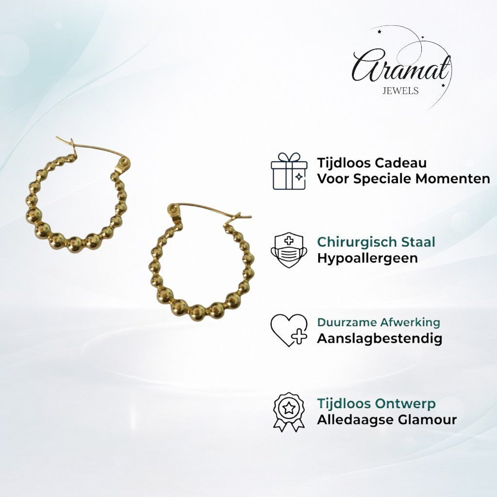 Aramat Jewels gold-tone stainless steel hoop earrings with a beaded design, 18mm diameter.